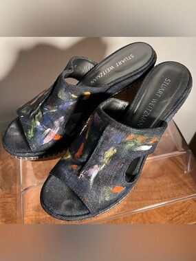 Stuart Weitzman Denim Hand Painted Mules